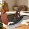 A forged stainless steel boning knife with a wooden handle and bottle opener resting on a wooden cutting board.