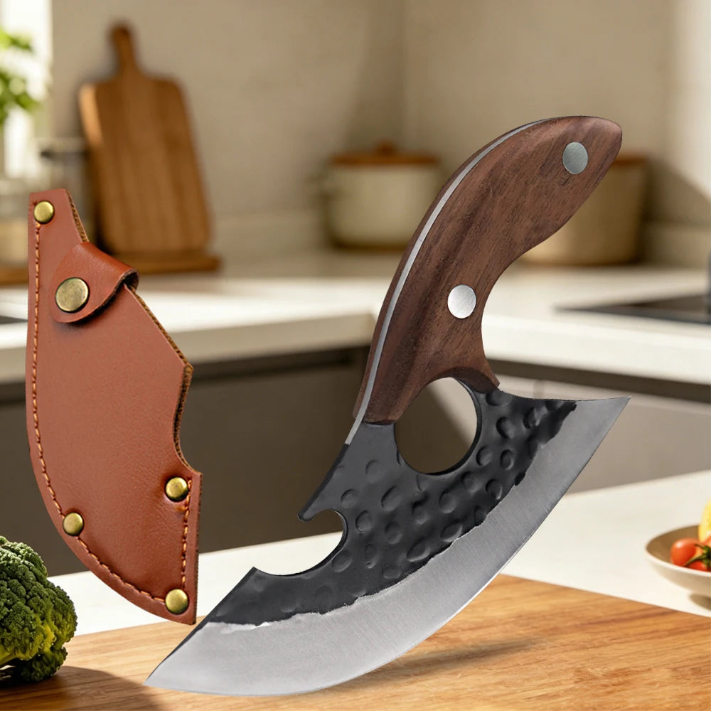 A forged stainless steel boning knife with a wooden handle and bottle opener resting on a wooden cutting board.
