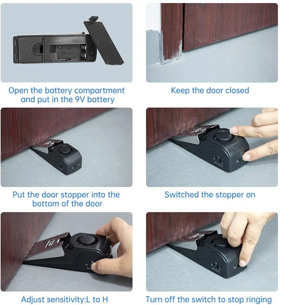 A portable door stopper alarm device is shown in various stages of operation, including battery insertion, door placement, an