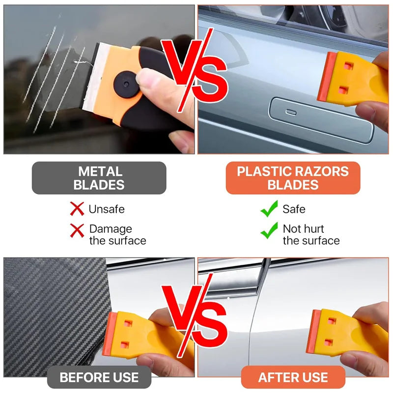 Comparison showing metal blades versus plastic razors for scraping labels and decals from surfaces.