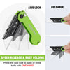 A green folding utility knife with an axis lock is shown alongside its packaging and folded form.