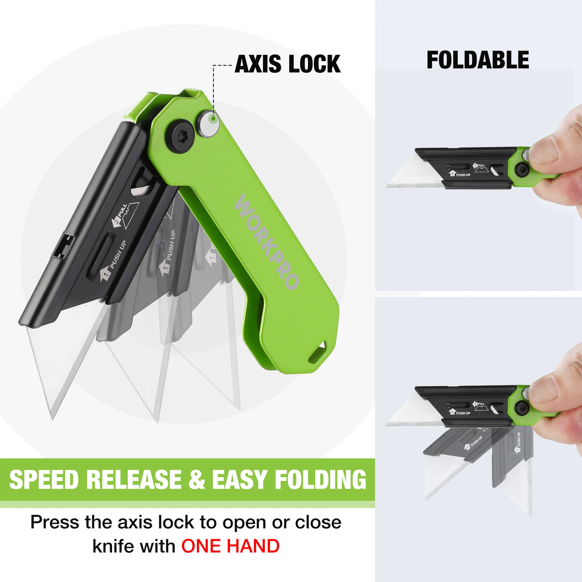 A green folding utility knife with an axis lock is shown alongside its packaging and folded form.