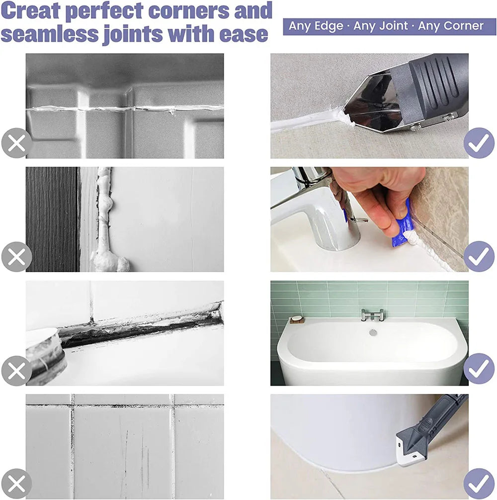 A silicone caulking and sealing tool kit demonstrating various applications for creating perfect corners and seamless joints.