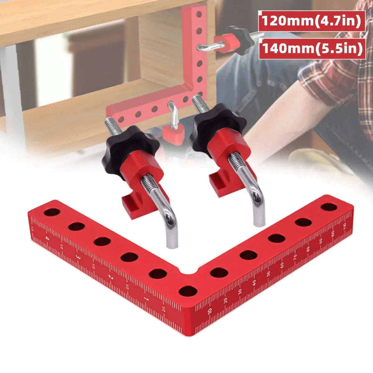 A set of red precision right angle fixing clamps and a measuring ruler are shown in use.