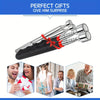A silver telescopic magnetic gripper tool with a red ribbon, shown in various contexts of gifting and surprise.