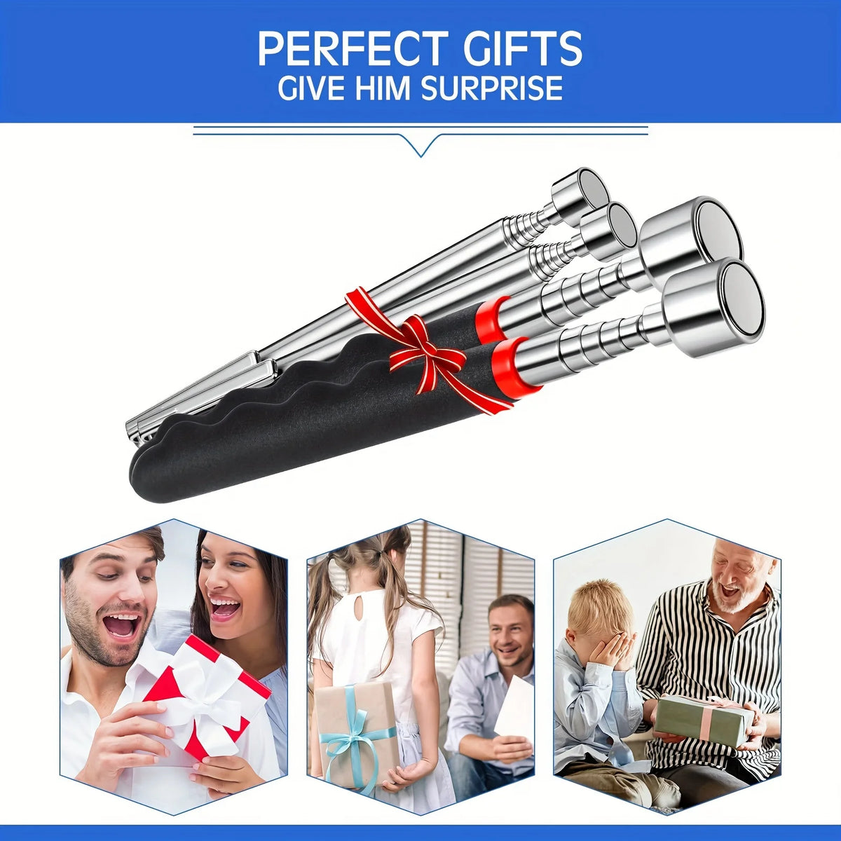A silver telescopic magnetic gripper tool with a red ribbon, shown in various contexts of gifting and surprise.