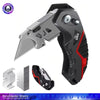 A black folding utility knife with a silver blade and red accents shown from the side and top view.