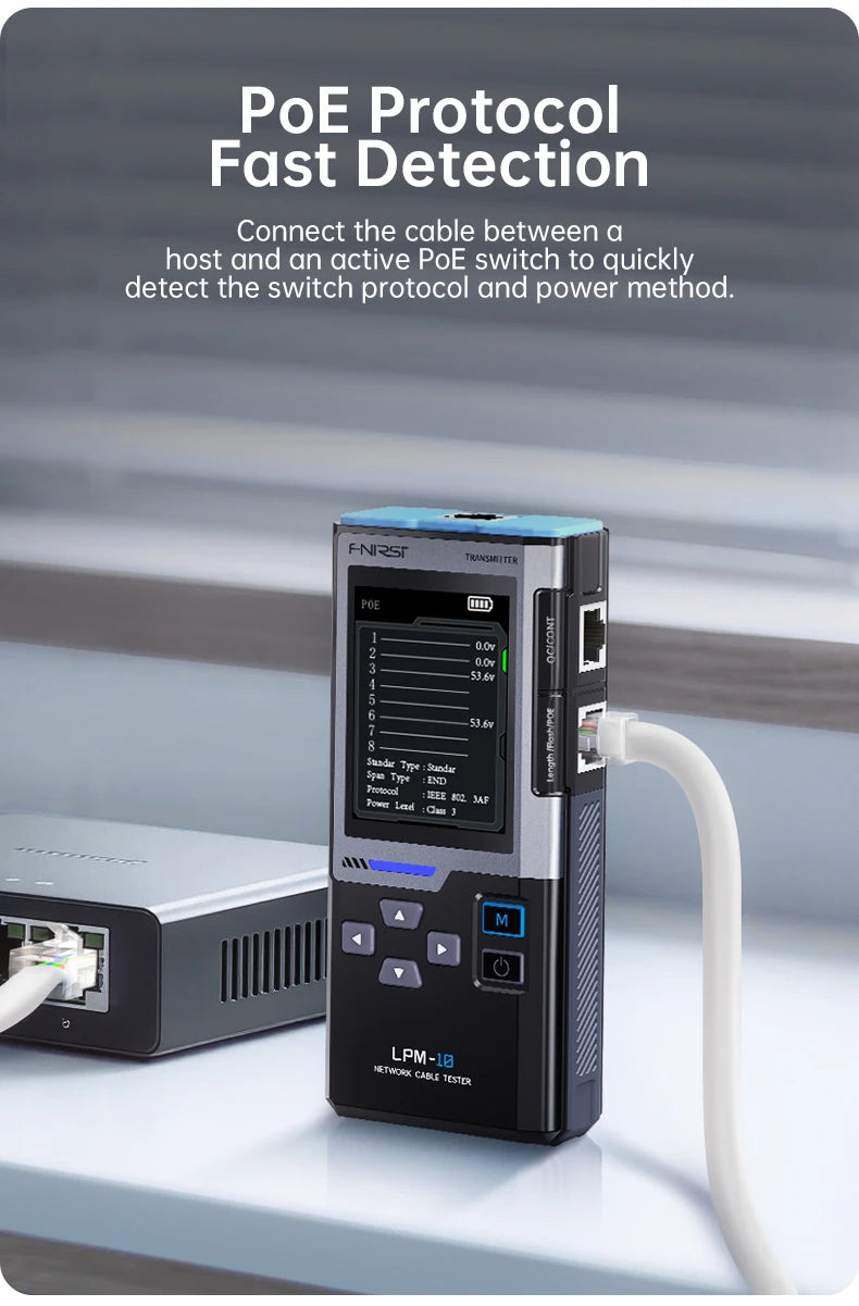 A black PoE protocol fast detection tester device is shown next to a network cable and a PoE switch.