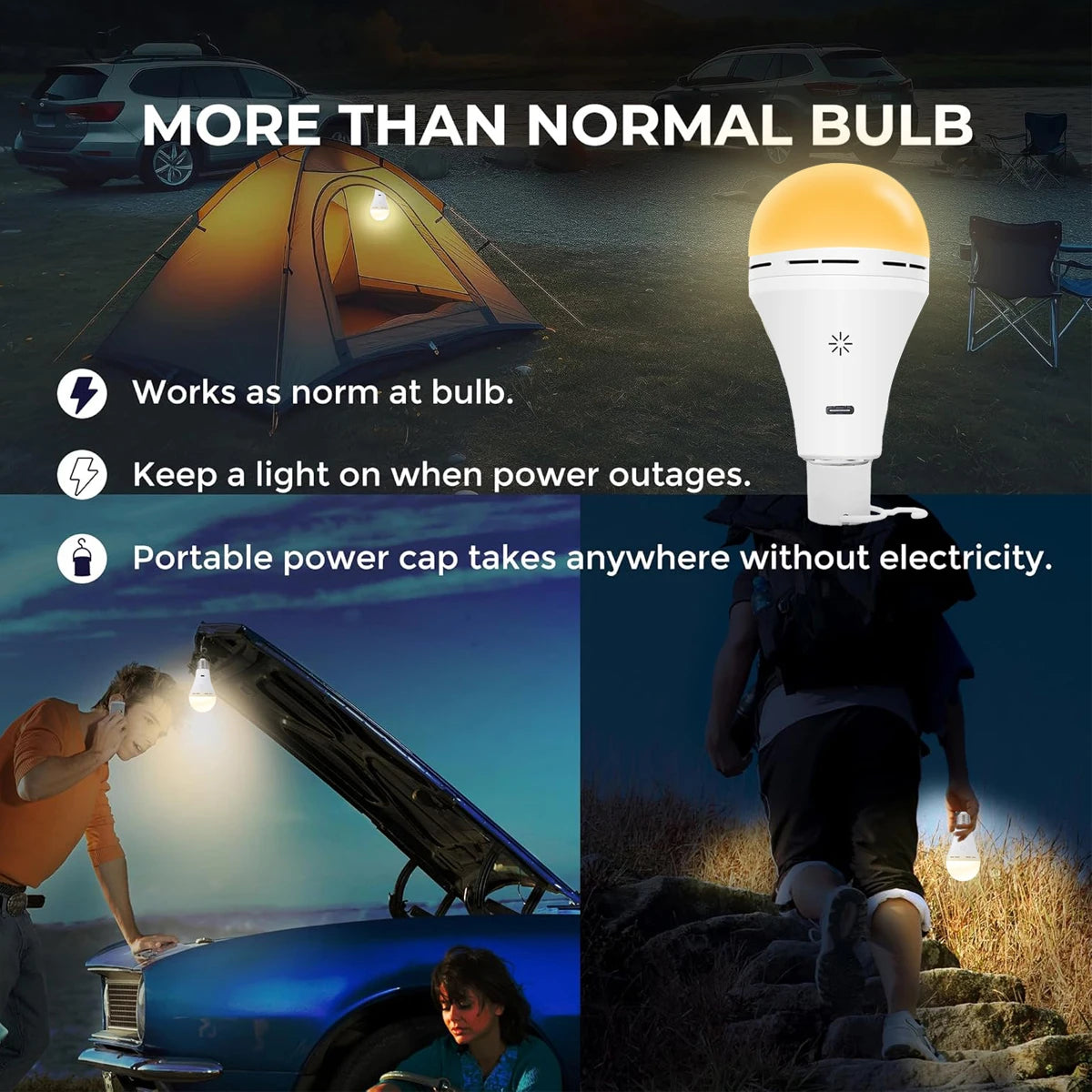 مصباح LED أبيض ذكي قابل لإعادة الشحن بإضاءة صفراء، بجوار خيمة وشخص يستخدمه في الهواء الطلق.