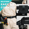 A close-up of a Melotough easy to connect tool belt system shown on a person wearing light-colored work clothes.