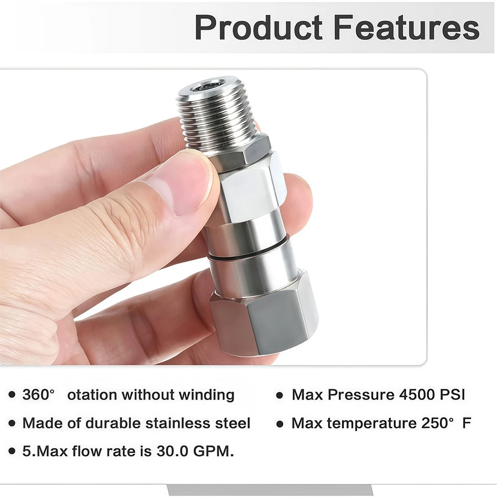 A hand holds a silver stainless steel high-pressure washer swivel joint connector component.