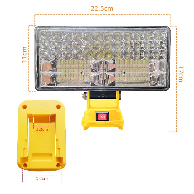Lampe de travail LED jaune sans fil avec barre lumineuse rectangulaire et support de montage.
