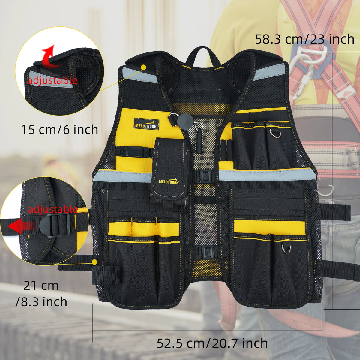 Chaleco de seguridad reflectante negro con detalles amarillos mostrado en una persona.