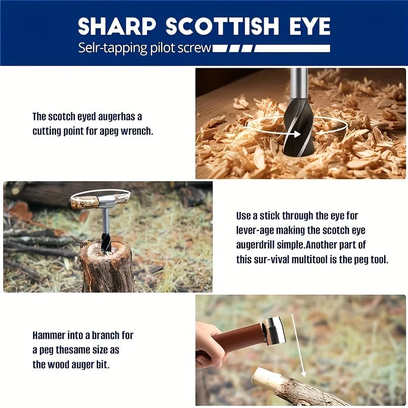 Diagrams showing how to use a sharp scottish eye self-tapping pilot screw and a peg tool for woodworking.