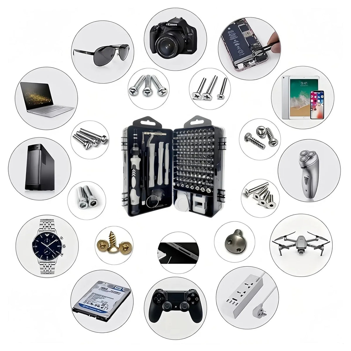 A collection of precision screwdrivers and tools for repair, including electronics, watches, and gadgets.