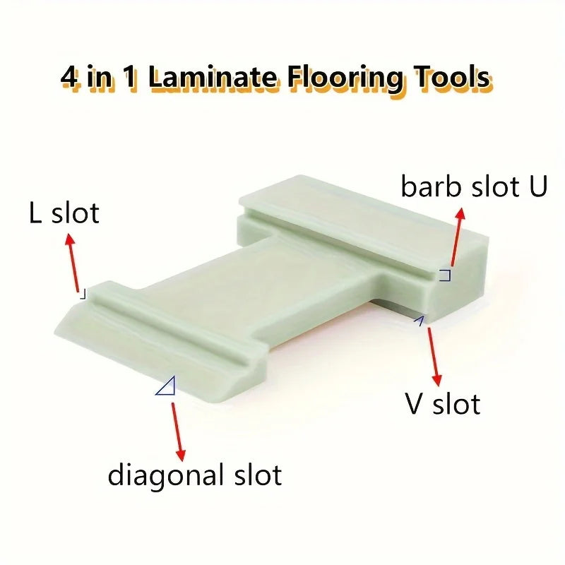 A set of four laminate flooring tools including L slot, barb slot U, V slot, and diagonal slot.