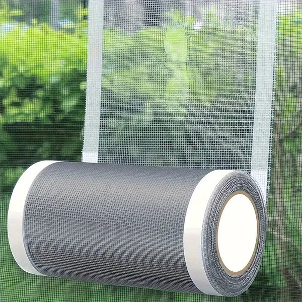 Roll of gray heavy duty screen repair tape displayed against a green mesh background