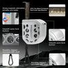 A white professional metal auto lock measuring tape with various features shown.