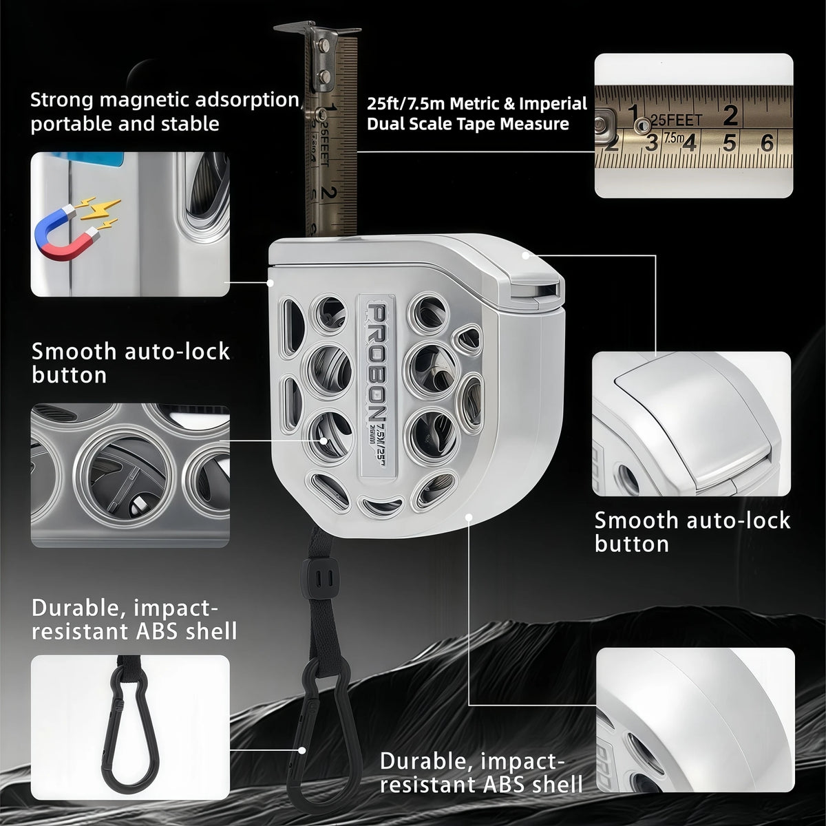 A white professional metal auto lock measuring tape with various features shown.