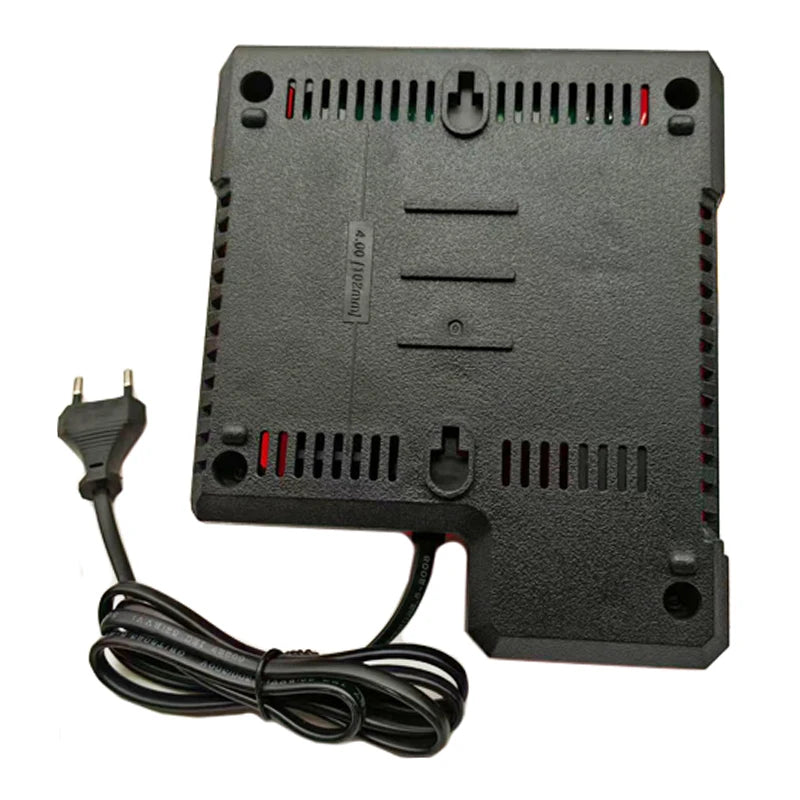A black battery charger for Milwaukee 14.4V tools with a cable.