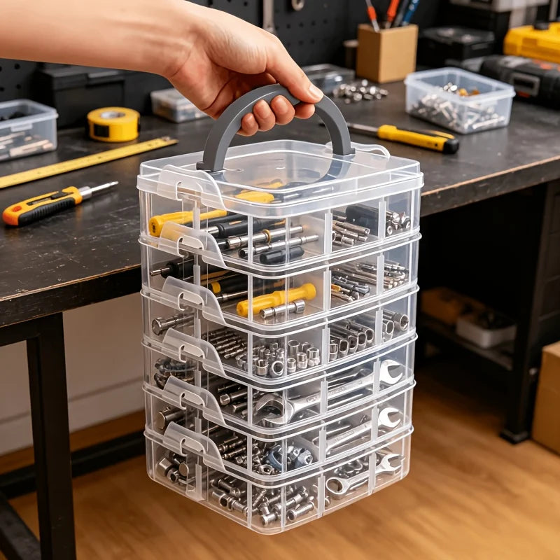 Eine Hand hält eine klare, mehrschichtige Plastikbox gefüllt mit verschiedenen kleinen Werkzeugen und Zubehör.