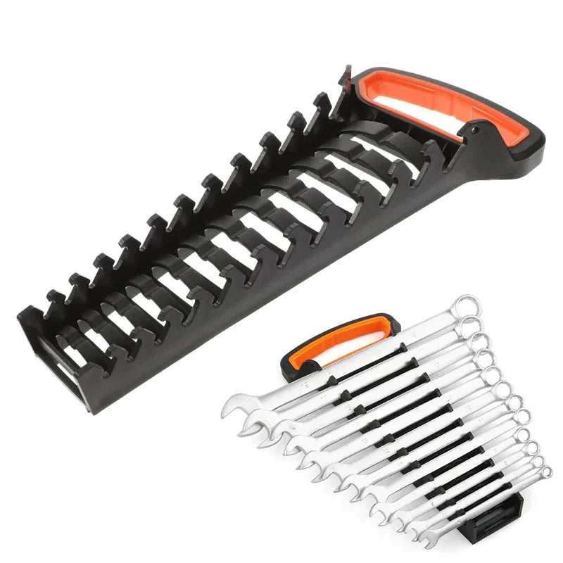 Black and orange plastic organizer rack for storing hand tools