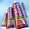 Tube d'adhésif époxy B6000 Plus ultra-usage, couleur violet et rouge sur fond bleu clair.