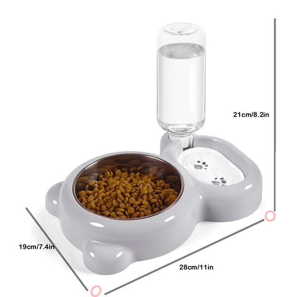 Grauer automatischer Hundefutter-Wasserdispenser-Set mit klarem Wasserflasche und Futterschale.