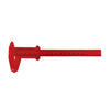 A red precision plastic vernier caliper set with a metallic scale and jaws.