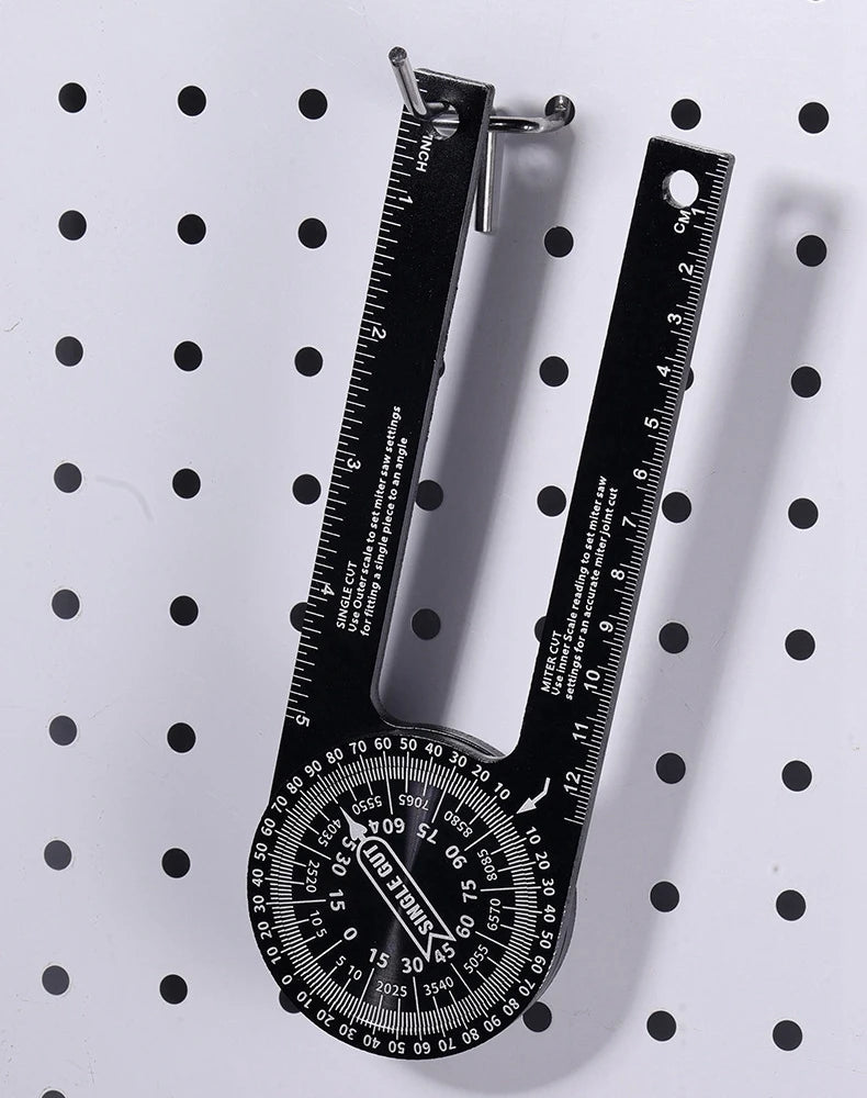 A black precision miter saw protractor angle finder tool with a scale and clamp.