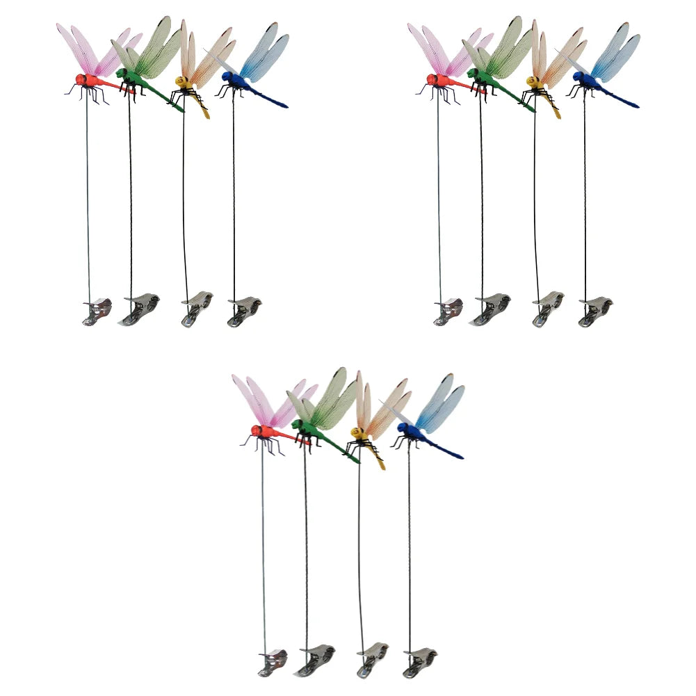 A collection of colorful simulation dragonfly clips used for outdoor decor, featuring various iridescent and brightly colored