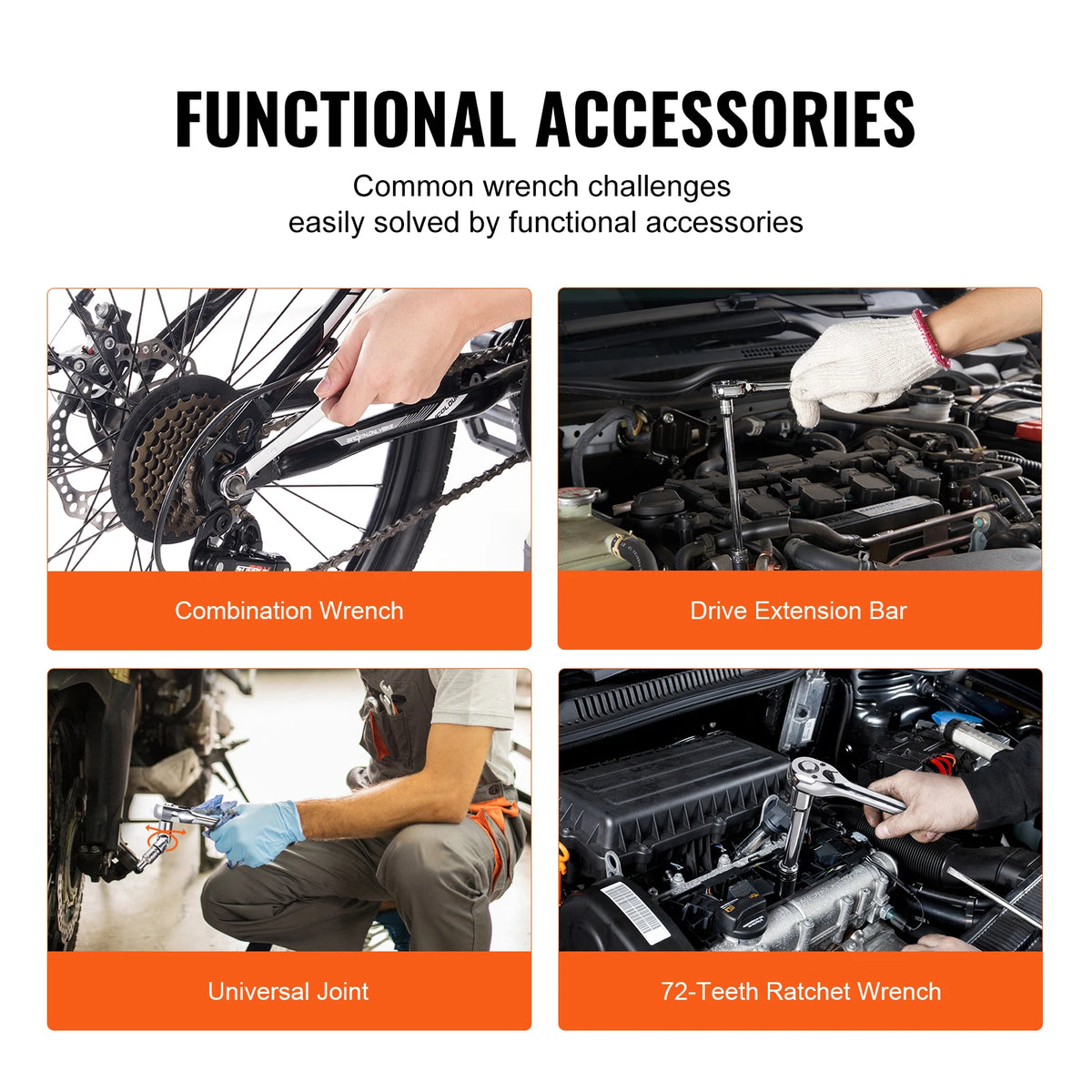 A set of functional accessories including a combination wrench, drive extension bar, universal joint, and 72-teeth ratchet wr