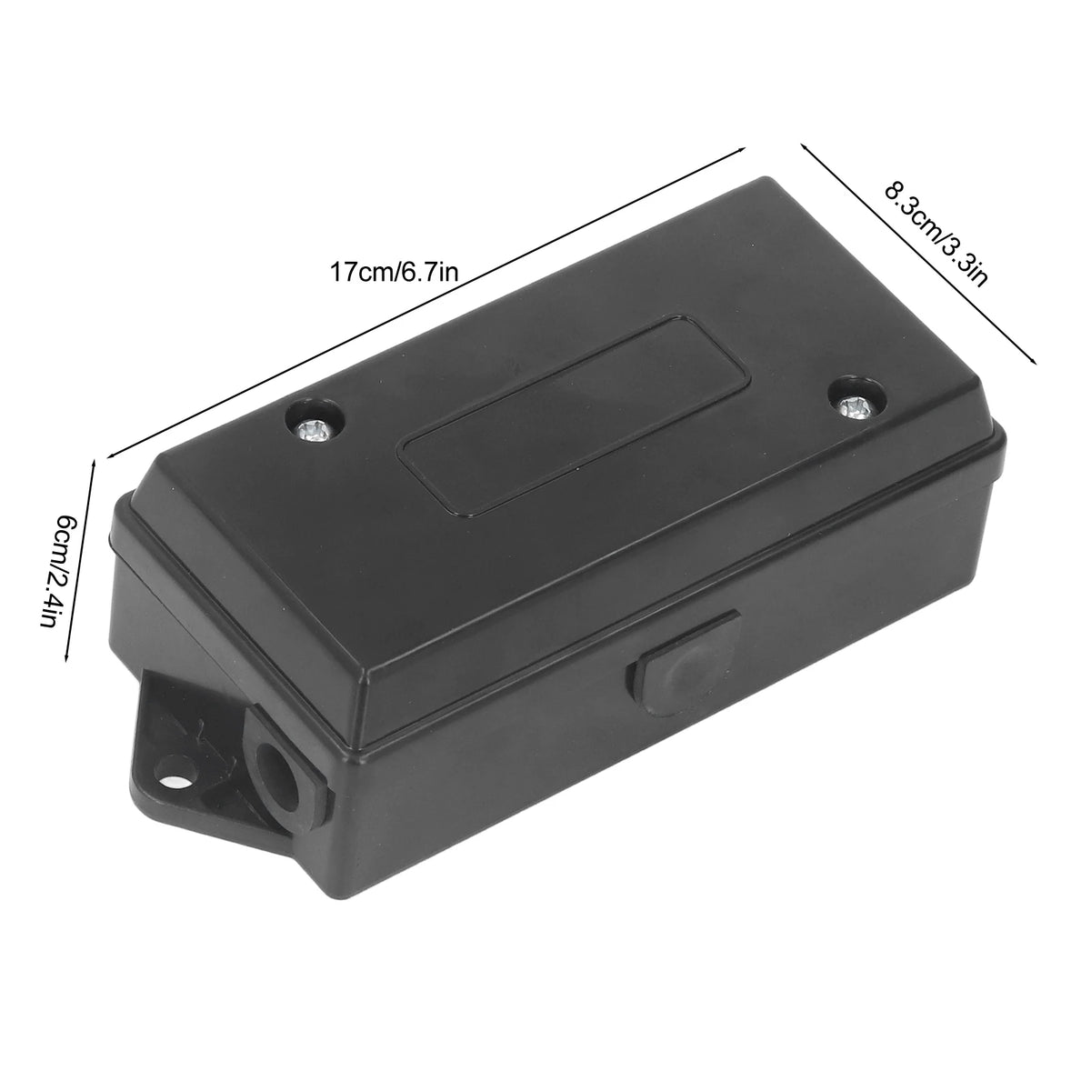 Black 7-way waterproof distribution block for power connectors with dimensions 8.3cm/3.3in and 6cm/2.4in.