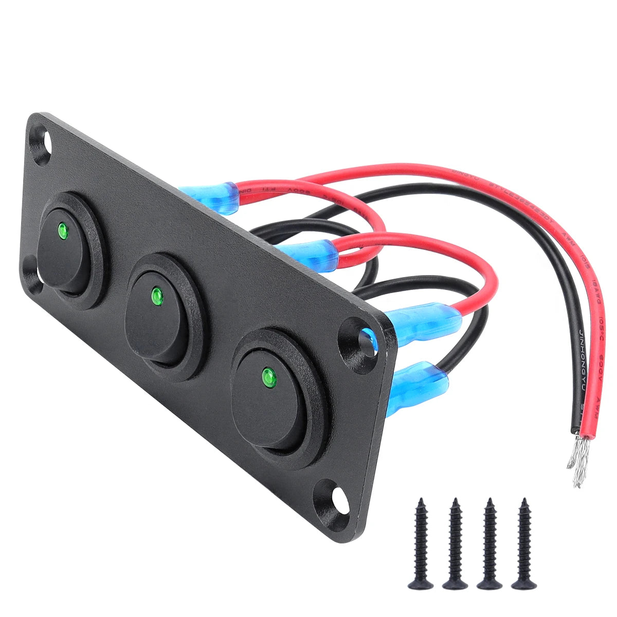 Black circular joystick switch panel with three green buttons and colored wires for automotive or marine use