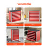 A red and silver portable toolbox with five drawers shown in various contexts like a dressing room, office, garage, and studi