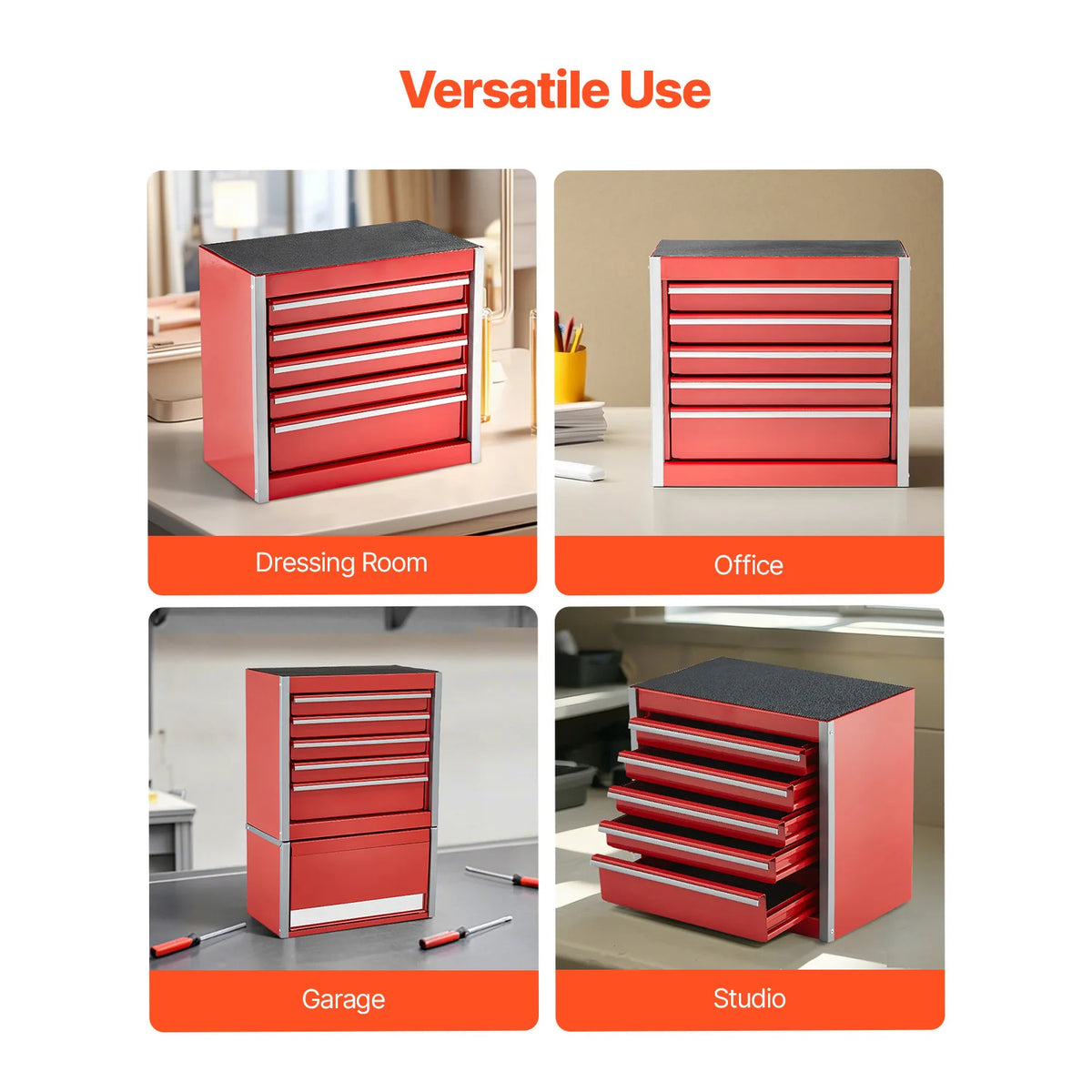 A red and silver portable toolbox with five drawers shown in various contexts like a dressing room, office, garage, and studi