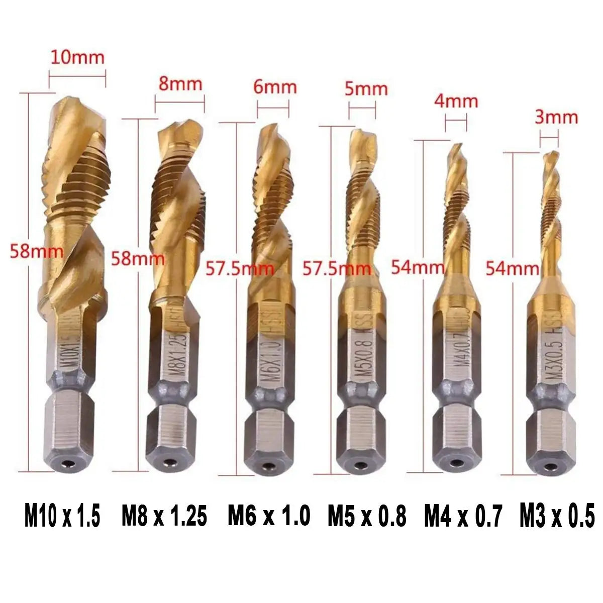 A set of titanium coated hex shank tap and drill bits with various sizes and lengths.
