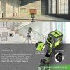 A professional 2-line laser level mounted on a tripod and gimbal, shown in an industrial setting.
