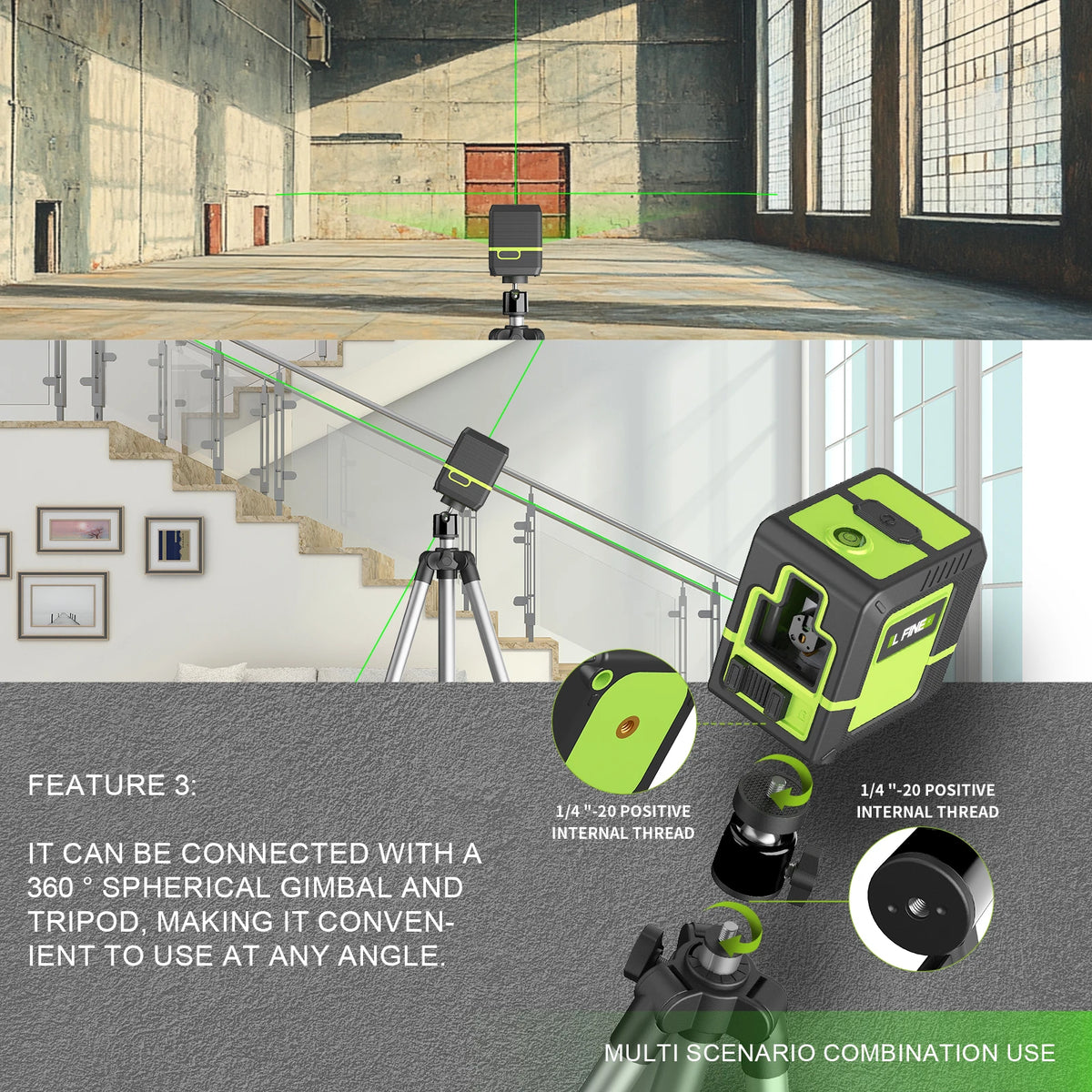 A professional 2-line laser level mounted on a tripod and gimbal, shown in an industrial setting.