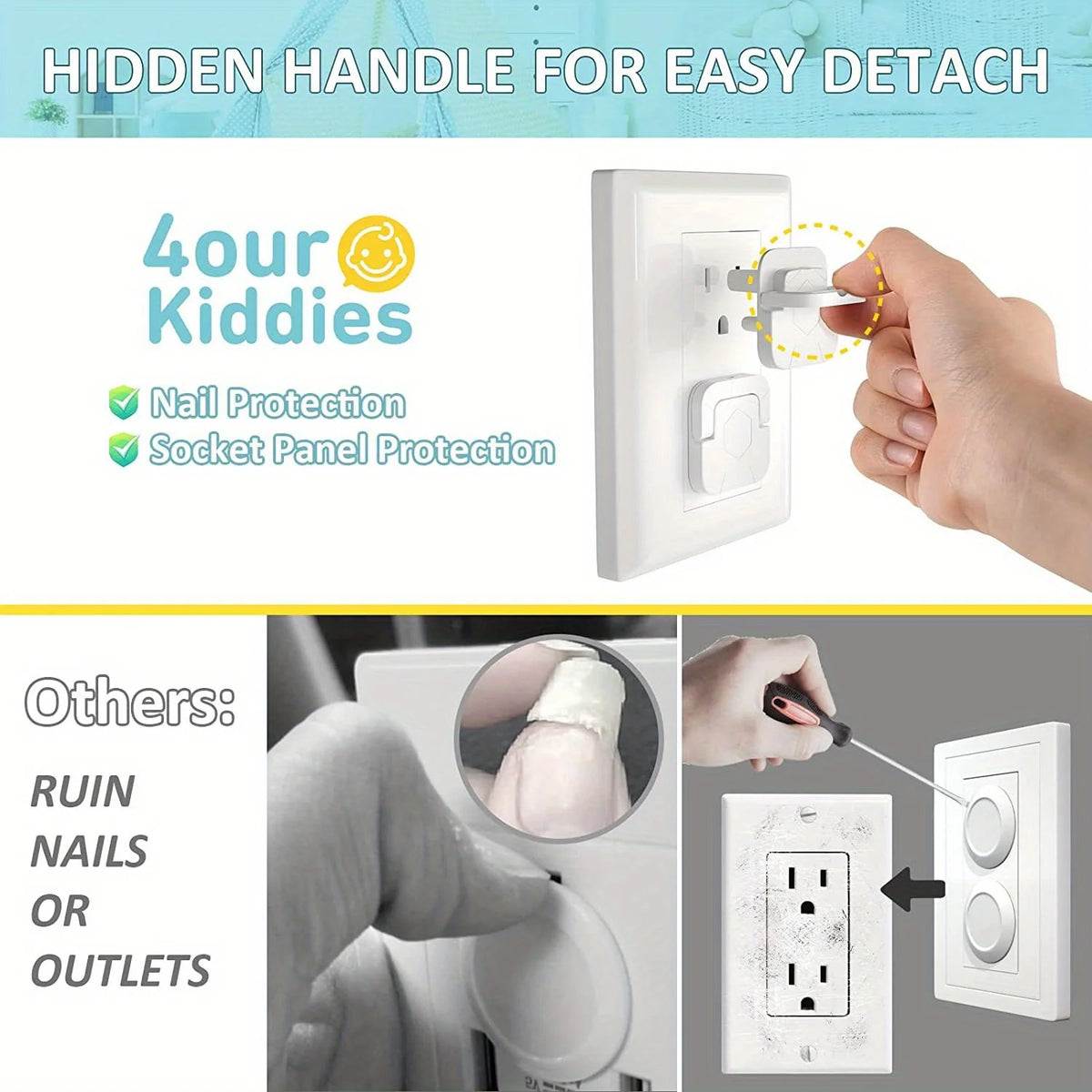 White hidden handle outlet covers for baby proofing with nail protection and socket panel protection