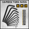 A set of ten Torx screwdriver bits in various sizes, including T50 down to T9, displayed with a ratchet handle.