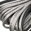 Close-up of a heavy-duty synthetic tow strap made of braided gray and black material.