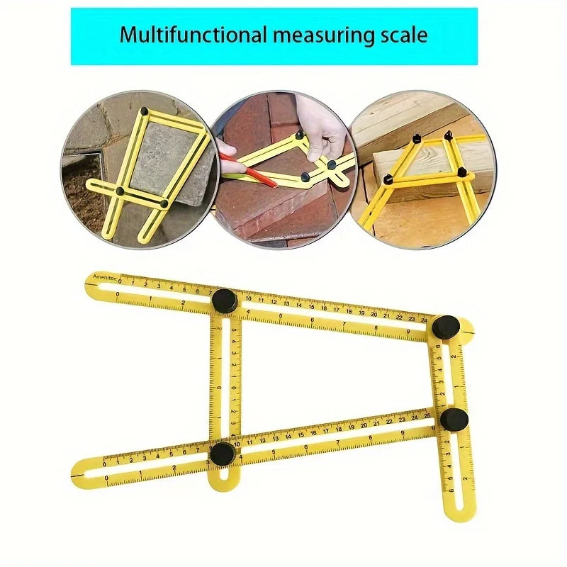 A yellow multi-functional measuring scale shown in various folded and unfolded configurations.