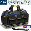 A dark blue and black heavy-duty tool storage bag with handles and pockets shown next to a strap.