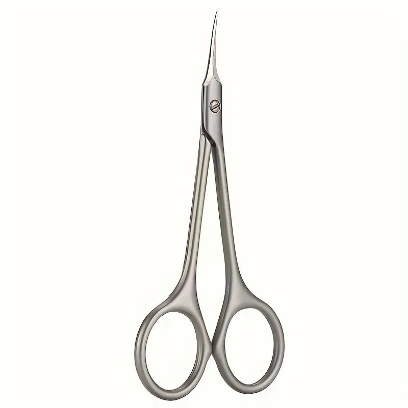 A pair of precision stainless steel cuticle and nail clippers with sharp tips.