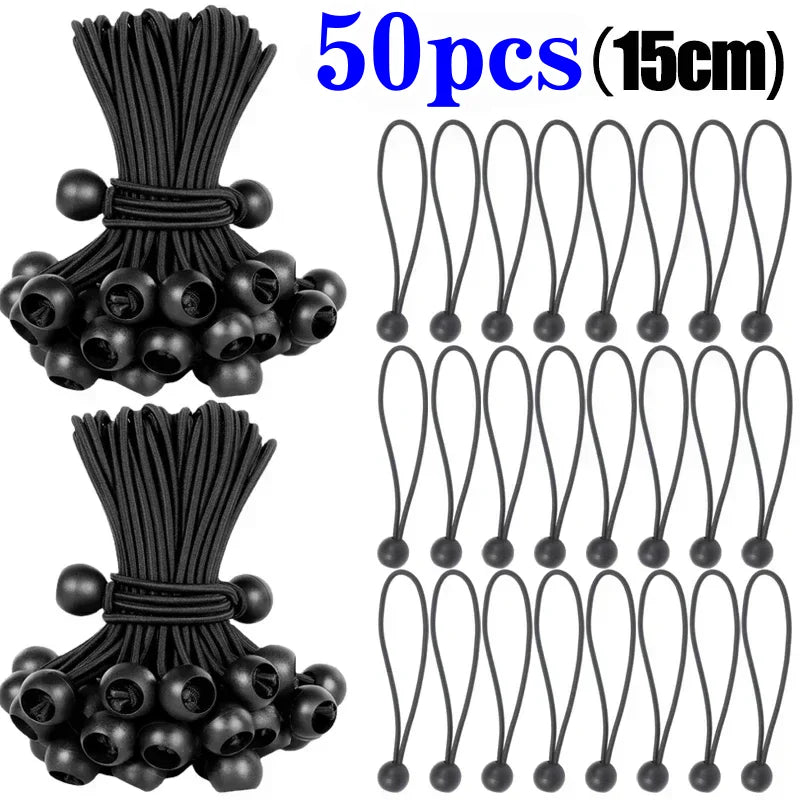 50 pieces of heavy duty black elastic ball rope, 15 cm long, for tent and tarpaulin tie-down.