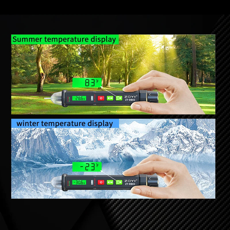 A digital non-contact voltage tester pen showing summer and winter temperature displays.