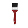A red paint brush with a black bristles and silver ferrule.