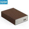 A rectangular sanding block with a dark brown top and a silver bottom, labeled 320.