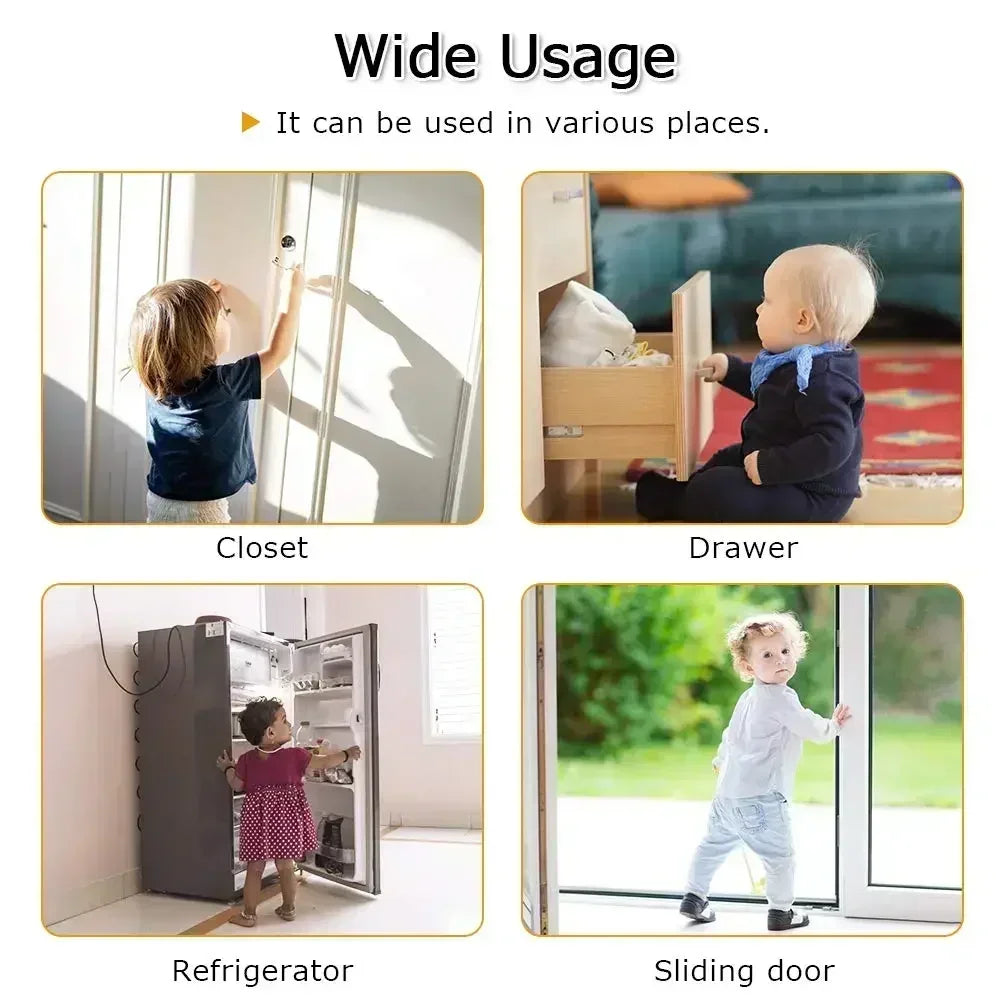 A baby safety cabinet with drawer locks shown in various uses including a closet, drawer, and refrigerator.